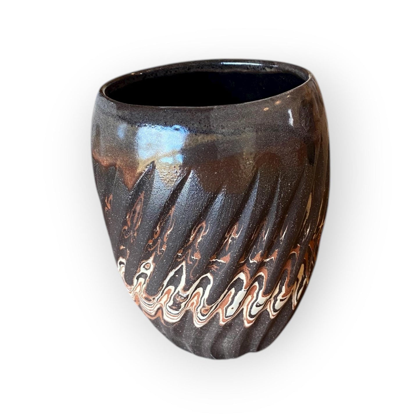 Handcrafted Stemless Agateware Cup - 12oz Carved Ceramic Marbled Nerikomi Pottery Barware (B-34)