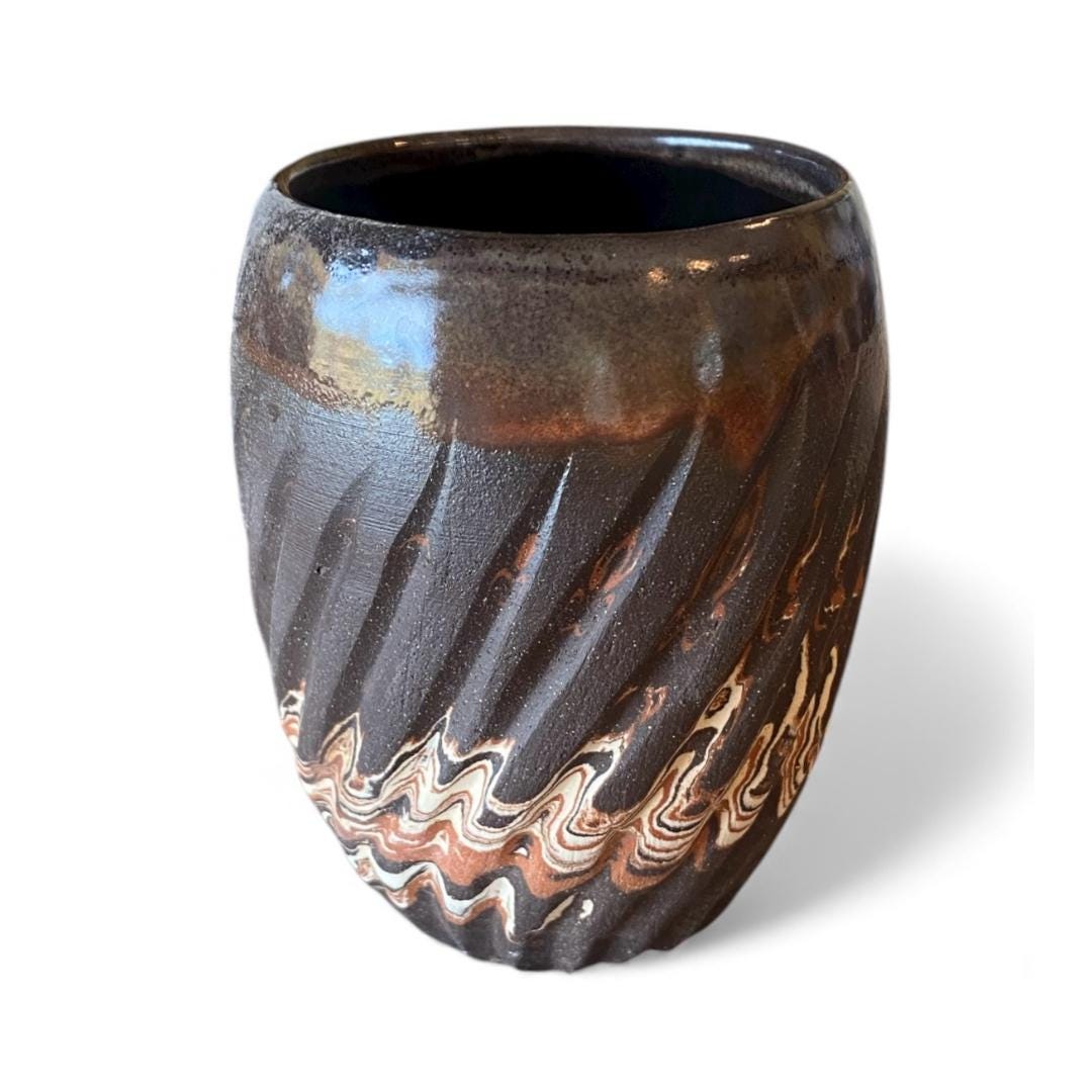 Handcrafted Stemless Agateware Cup - 12oz Carved Ceramic Marbled Nerikomi Pottery Barware (B-34)