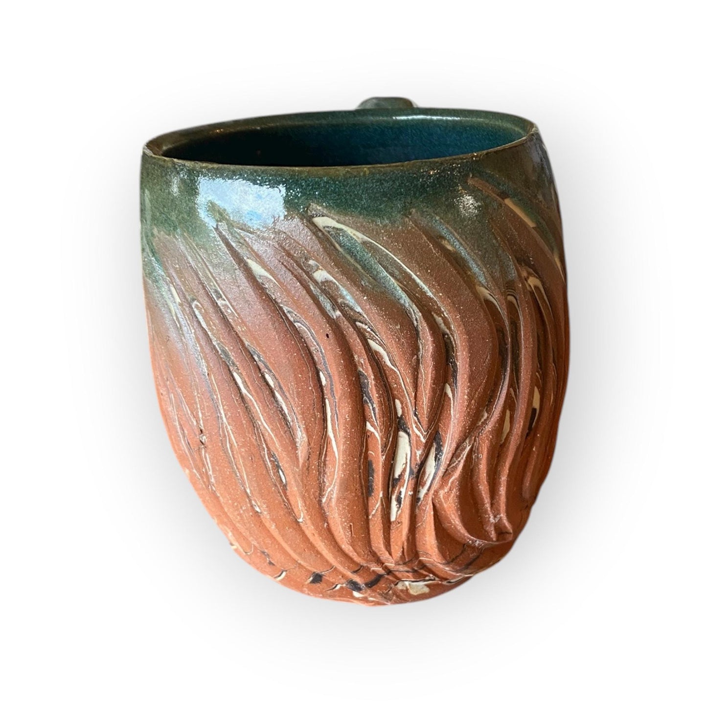 Handmade 16 oz - Agateware Carved Stoneware Coffee Mug: Cinnamon Glaze