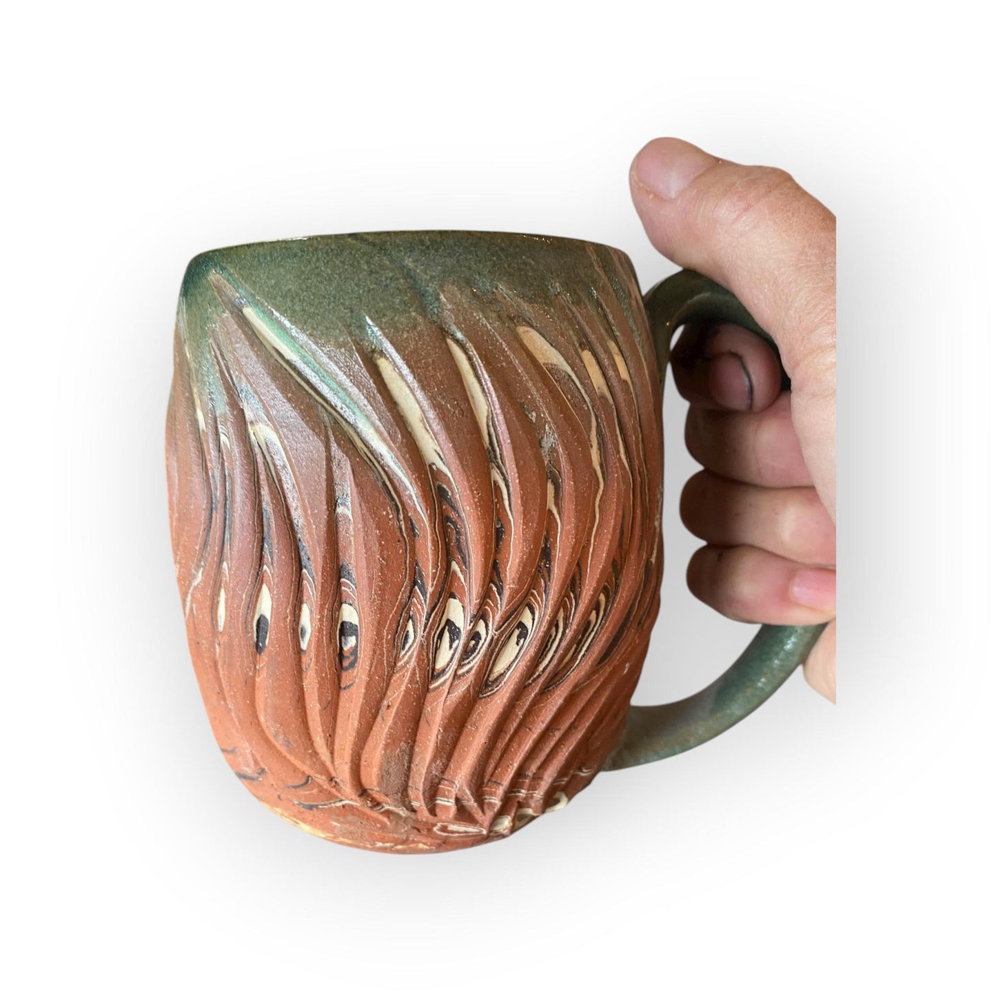 Handmade 16 oz - Agateware Carved Stoneware Coffee Mug: Cinnamon Glaze