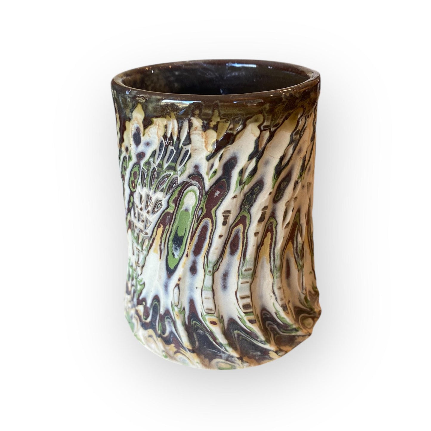 White, Brown, and Green Carved Agateware 14-Ounce Mug (B-48)