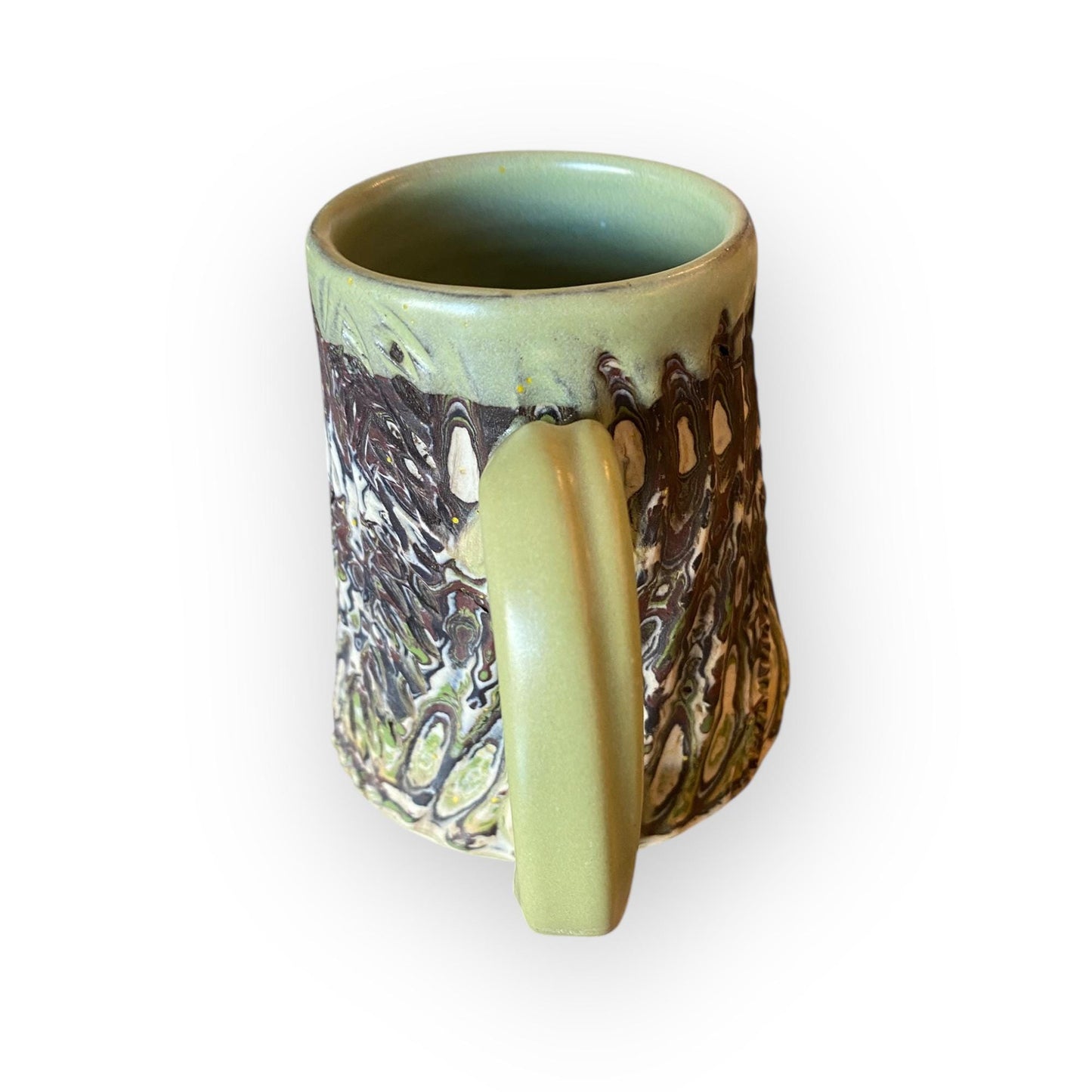 White, Brown, and Green Carved Agateware 14-Ounce Mug (B-49)