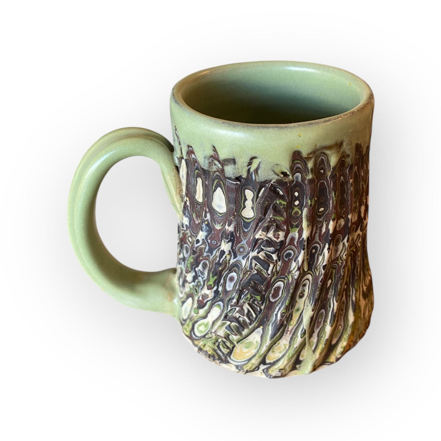White, Brown, and Green Carved Agateware 14-Ounce Mug (B-49)