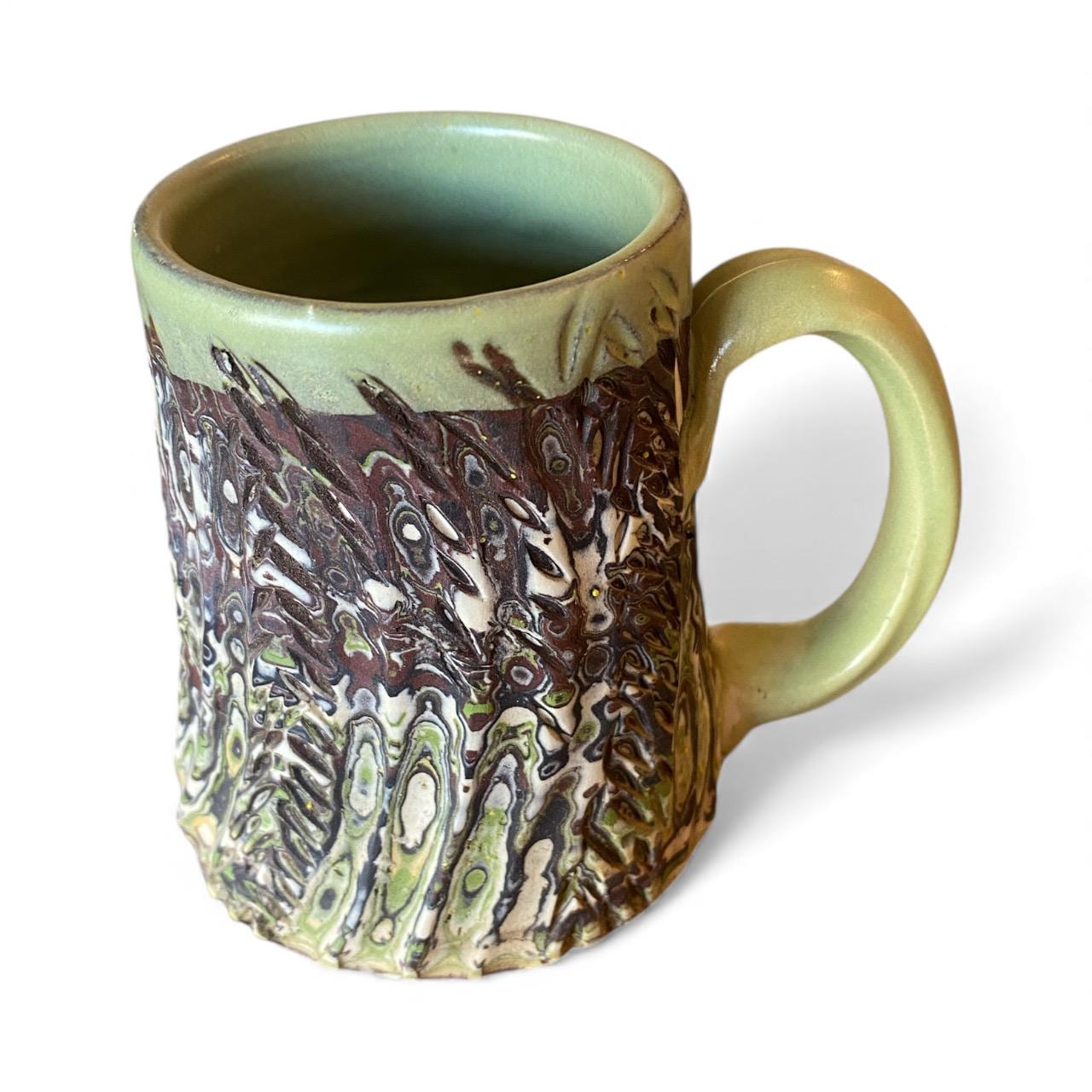 White, Brown, and Green Carved Agateware 14-Ounce Mug (B-49)