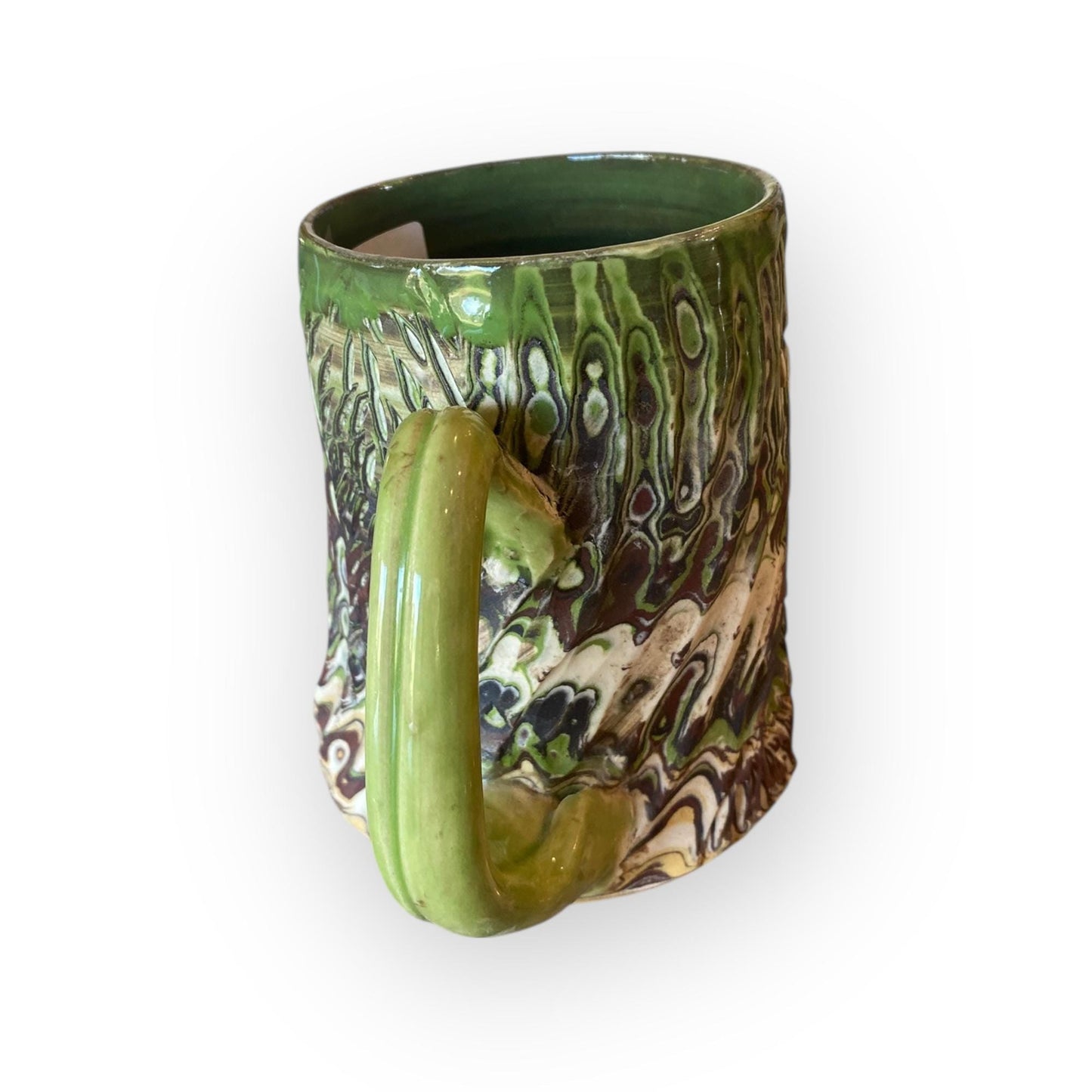 Carved Agateware Mug 14oz White Brown Green Pottery Handmade Stoneware Coffee Tea Cup (B-50)
