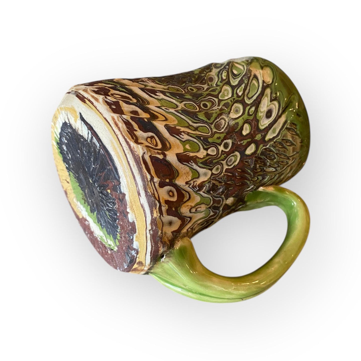 Carved Agateware Mug 14oz White Brown Green Pottery Handmade Stoneware Coffee Tea Cup (B-50)