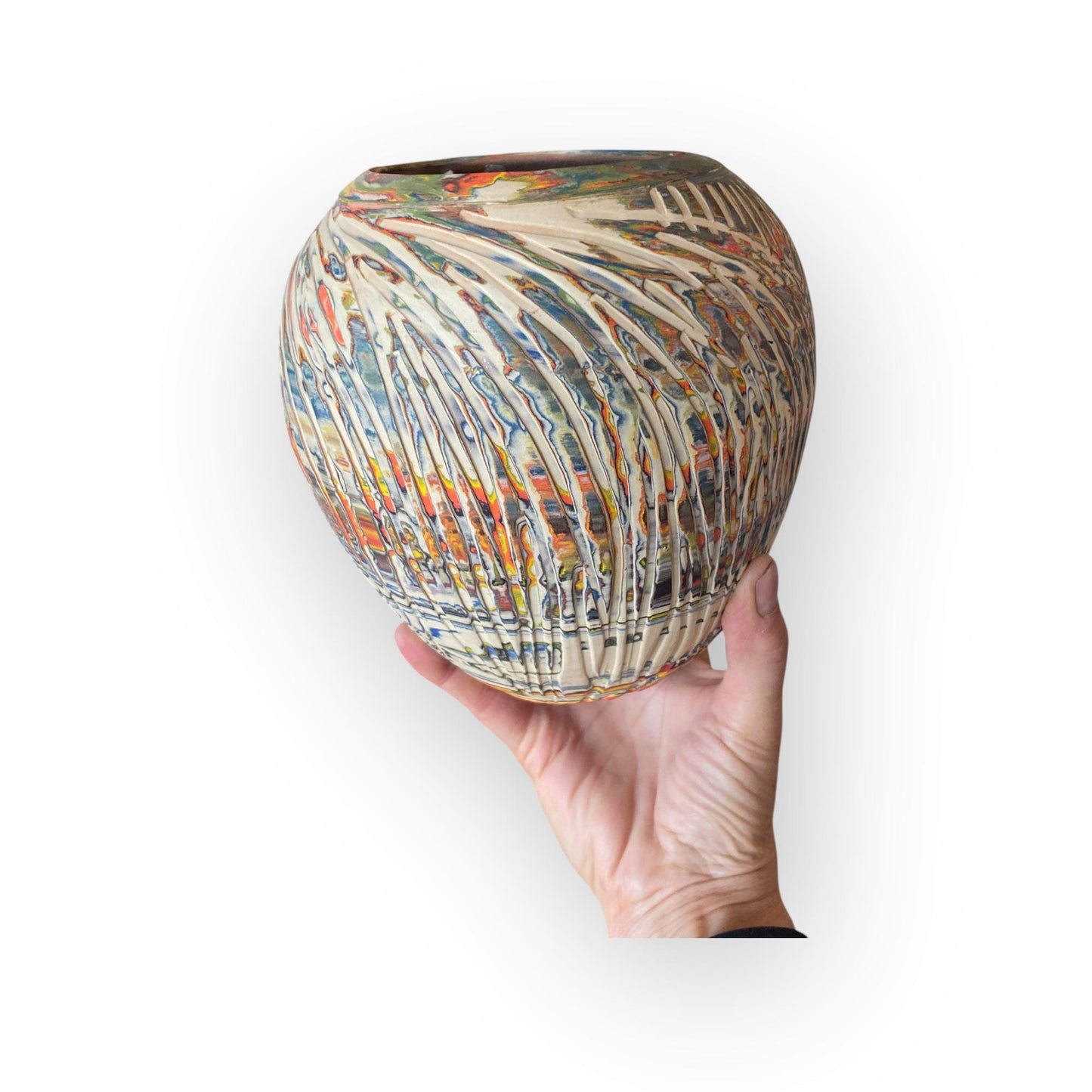 Large Hand Thrown Carved Agateware Vase Made from a Rainbow of Colors