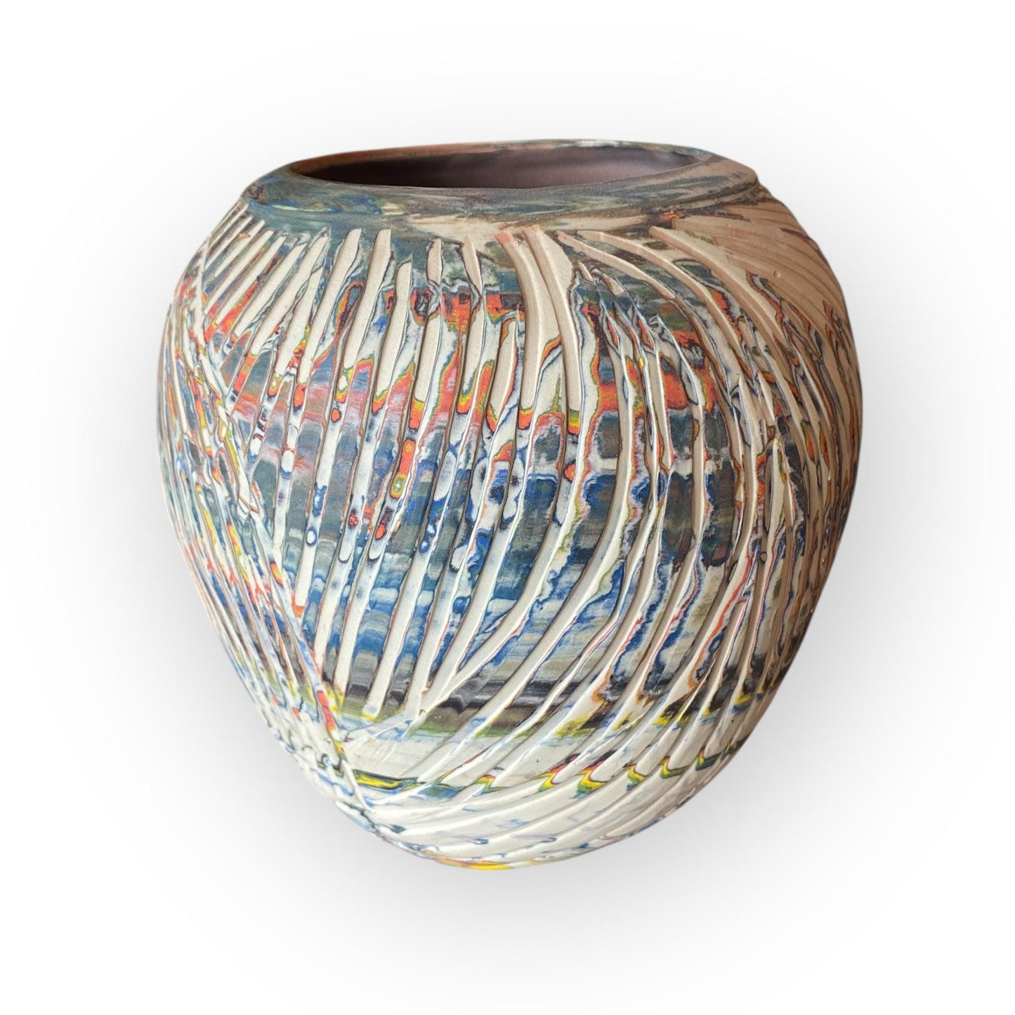 Large Hand Thrown Carved Agateware Vase Made from a Rainbow of Colors