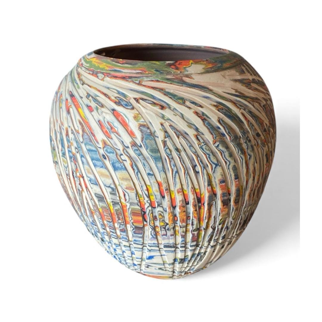 Large Hand Thrown Carved Agateware Vase Made from a Rainbow of Colors