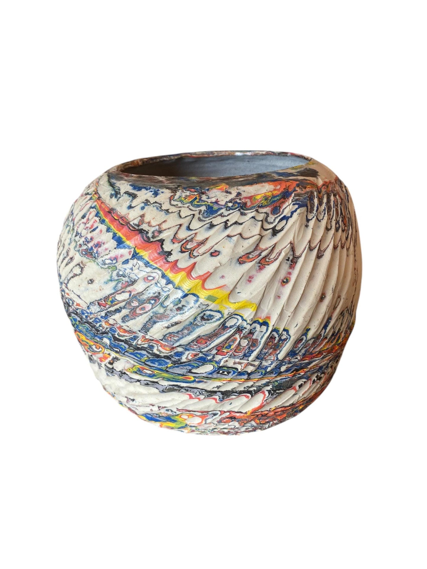 Large Hand Thrown Carved Neriage Vase Made from a Rainbow of Colors