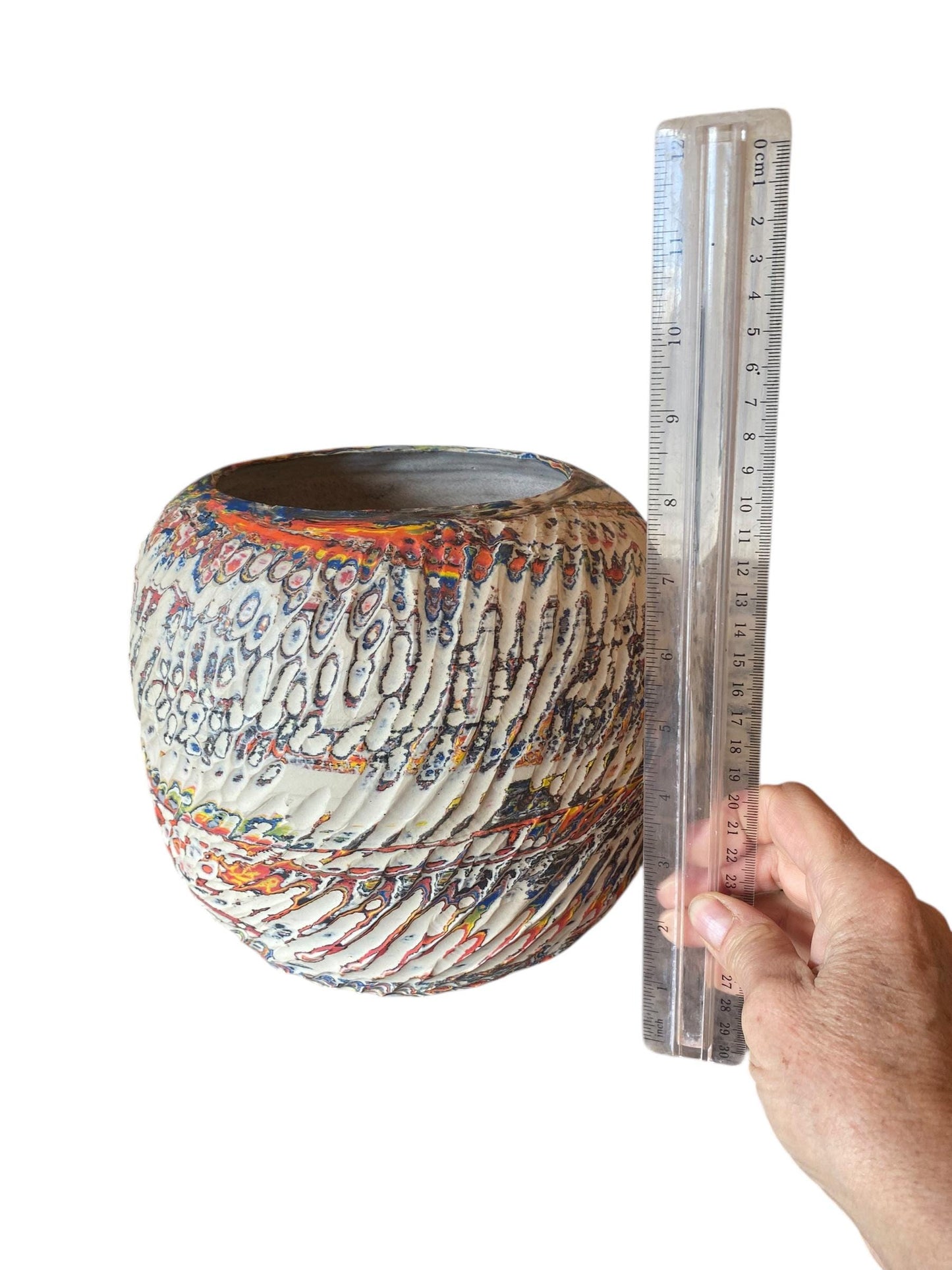 Large Hand Thrown Carved Neriage Vase Made from a Rainbow of Colors