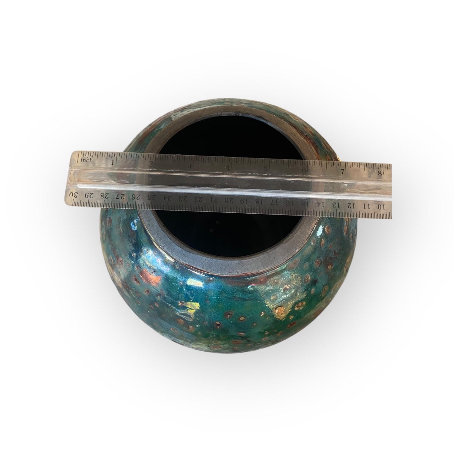 Hand Thrown Moon Jar Raku Fired Ceramic Art Vase - Pottery with Teal Bronze Glaze