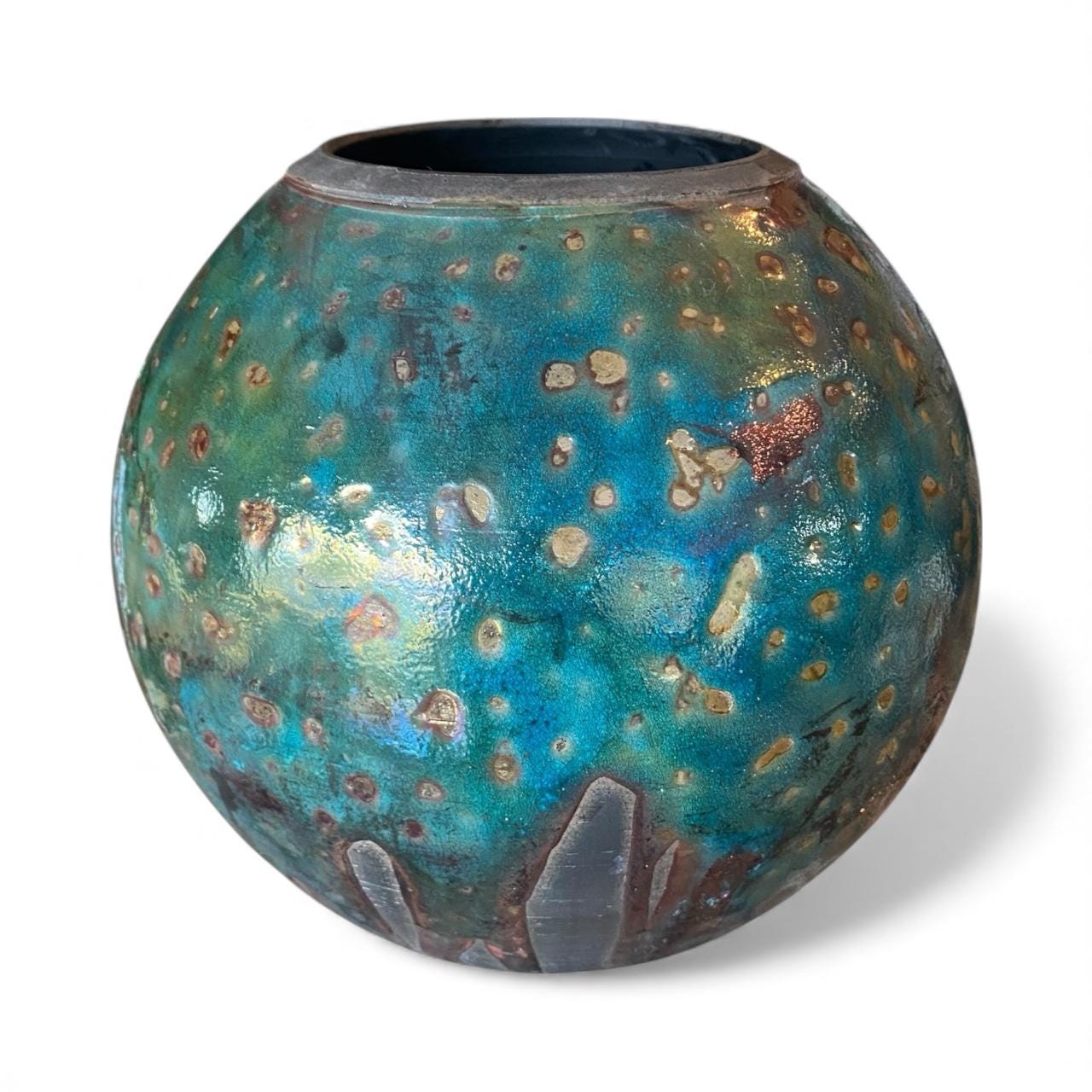 Hand Thrown Moon Jar Raku Fired Ceramic Art Vase - Pottery with Teal Bronze Glaze
