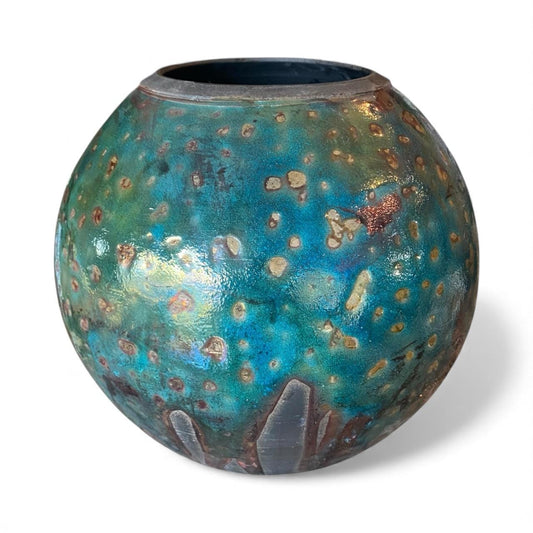 Hand Thrown Moon Jar Raku Fired Ceramic Art Vase - Pottery with Teal Bronze Glaze