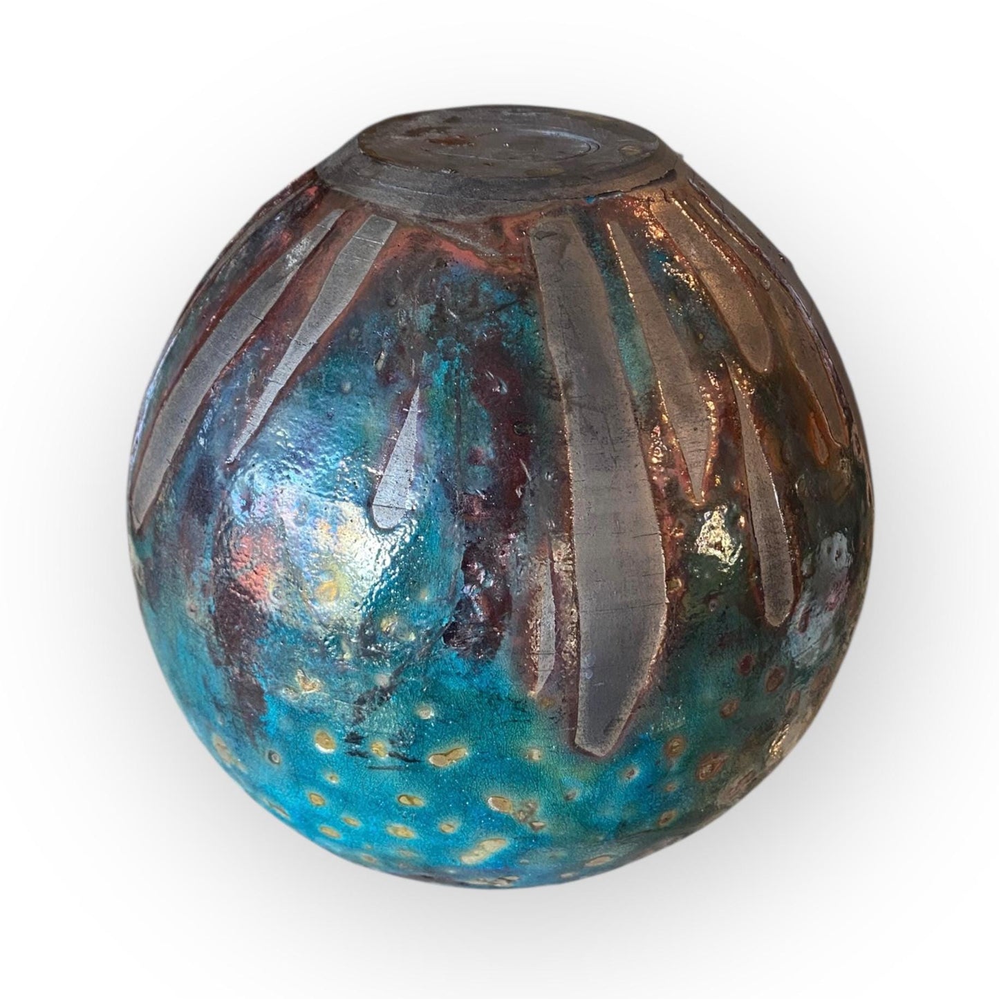 Hand Thrown Moon Jar Raku Fired Ceramic Art Vase - Pottery with Teal Bronze Glaze