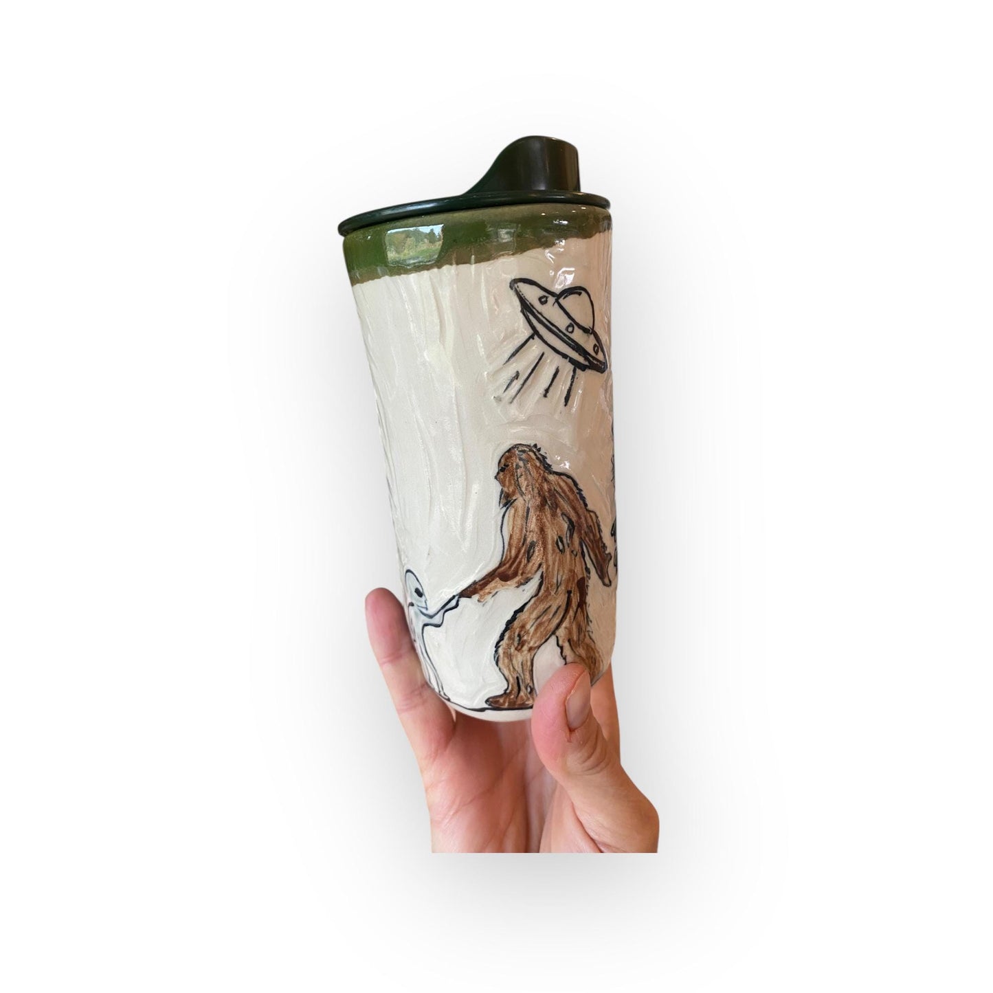 Hand-Painted Bigfoot and Alien Stoneware Travel Mug: Unique Ceramic Sasquatch Cup for Outdoor Enthusiasts