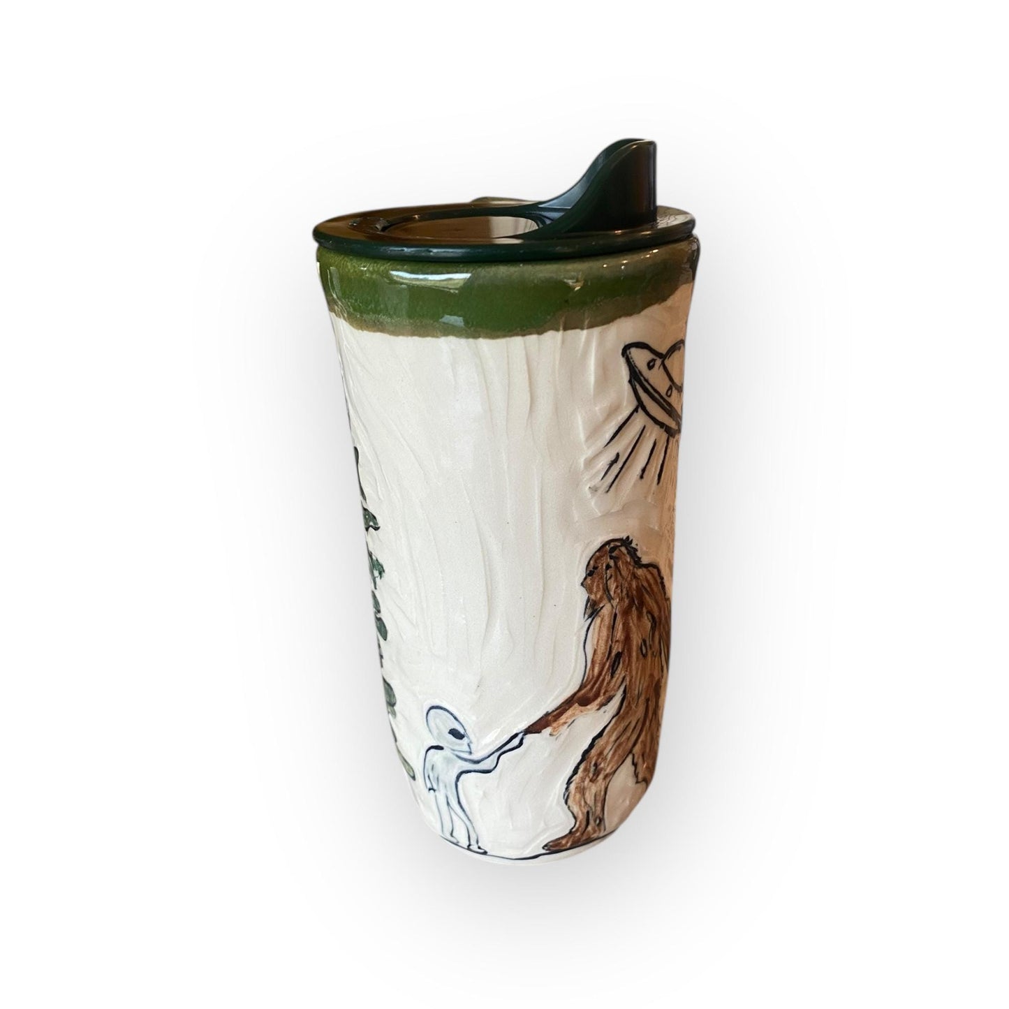 Hand-Painted Bigfoot and Alien Stoneware Travel Mug: Unique Ceramic Sasquatch Cup for Outdoor Enthusiasts