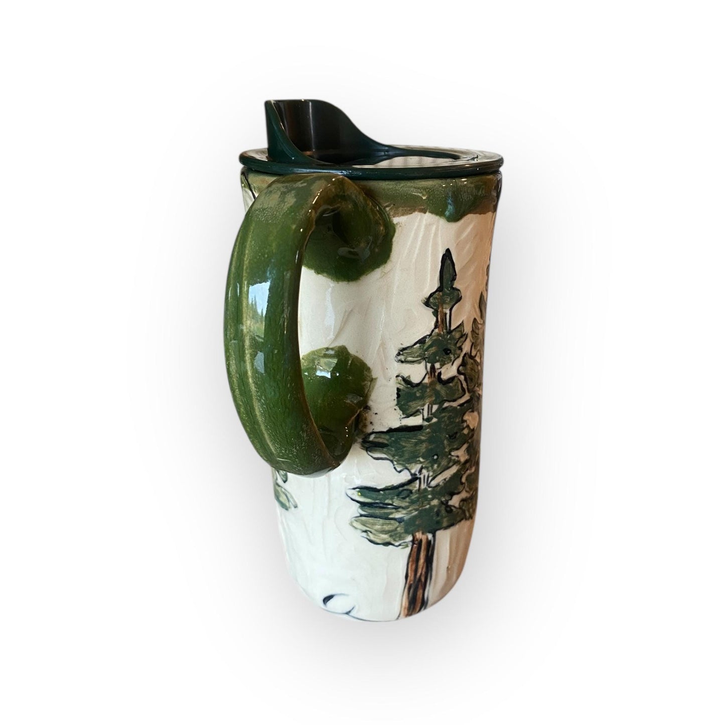 Hand-Painted Bigfoot and Alien Stoneware Travel Mug: Unique Ceramic Sasquatch Cup for Outdoor Enthusiasts