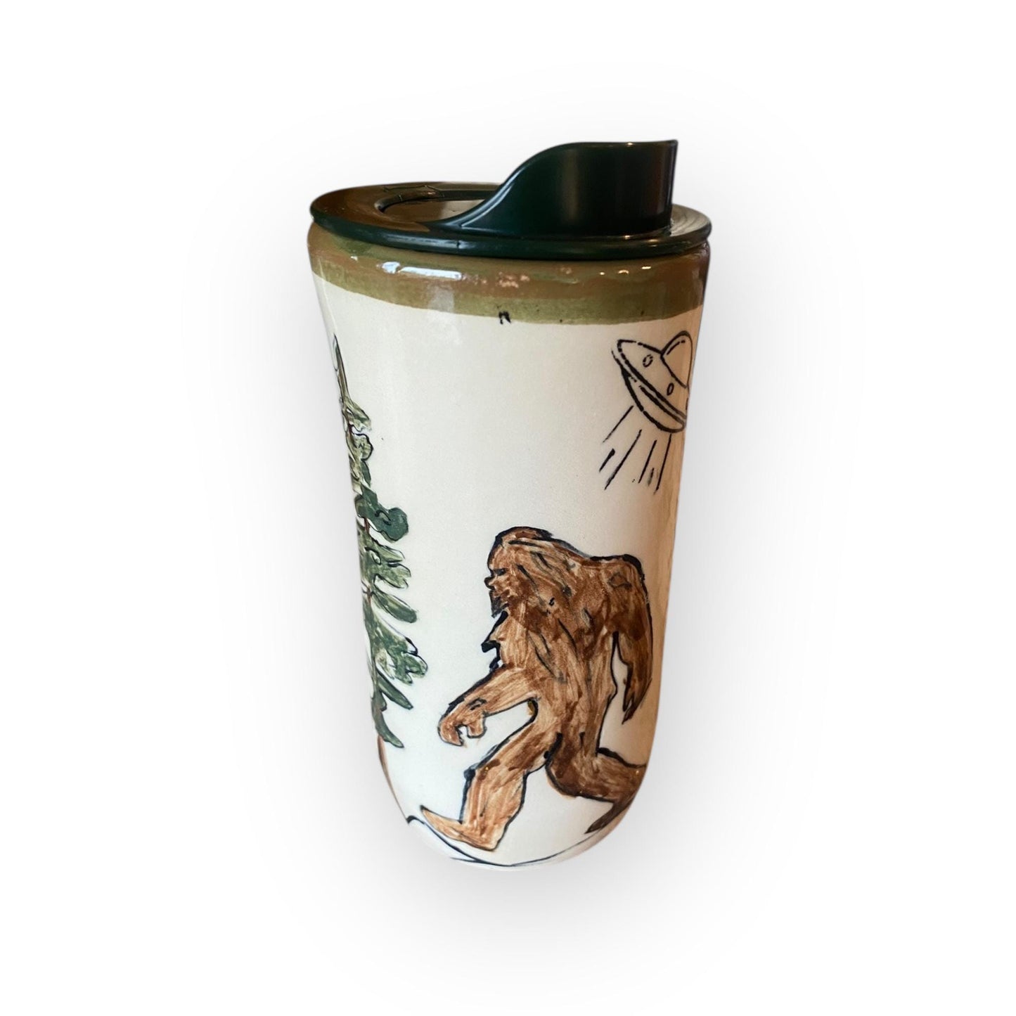 Hand-Painted Bigfoot and UFO Stoneware Travel Mug: Unique Ceramic Sasquatch Cup for Outdoor Enthusiasts