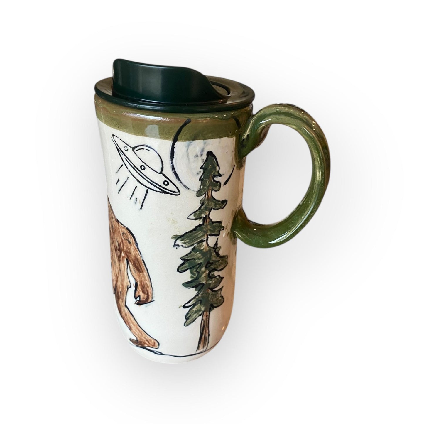 Hand-Painted Bigfoot and UFO Stoneware Travel Mug: Unique Ceramic Sasquatch Cup for Outdoor Enthusiasts