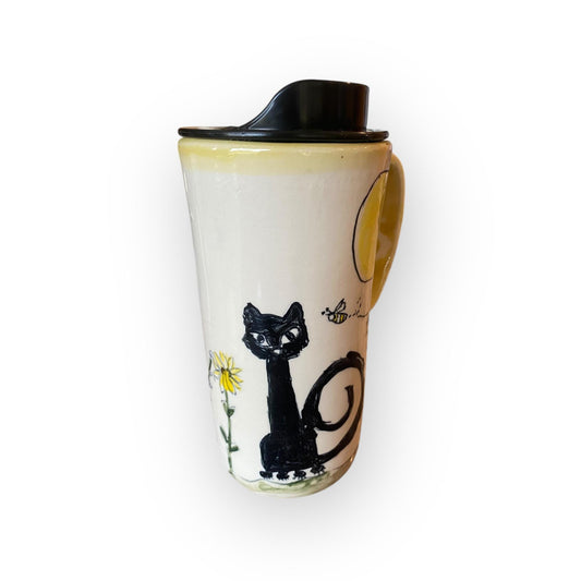 Handmade Hand Painted Mug-  A Black Cat Coffee Cup - Travel Mug - Pottery Mug -  Coffee Mug
