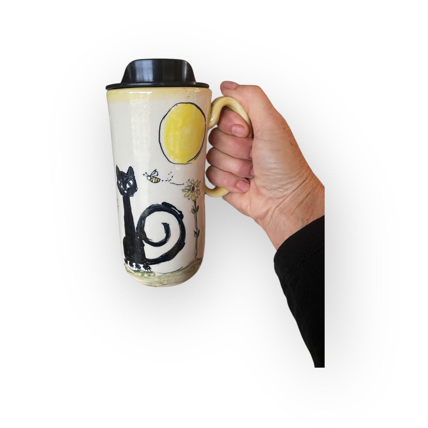 Handmade Hand Painted Mug-  A Black Cat Coffee Cup - Travel Mug - Pottery Mug -  Coffee Mug