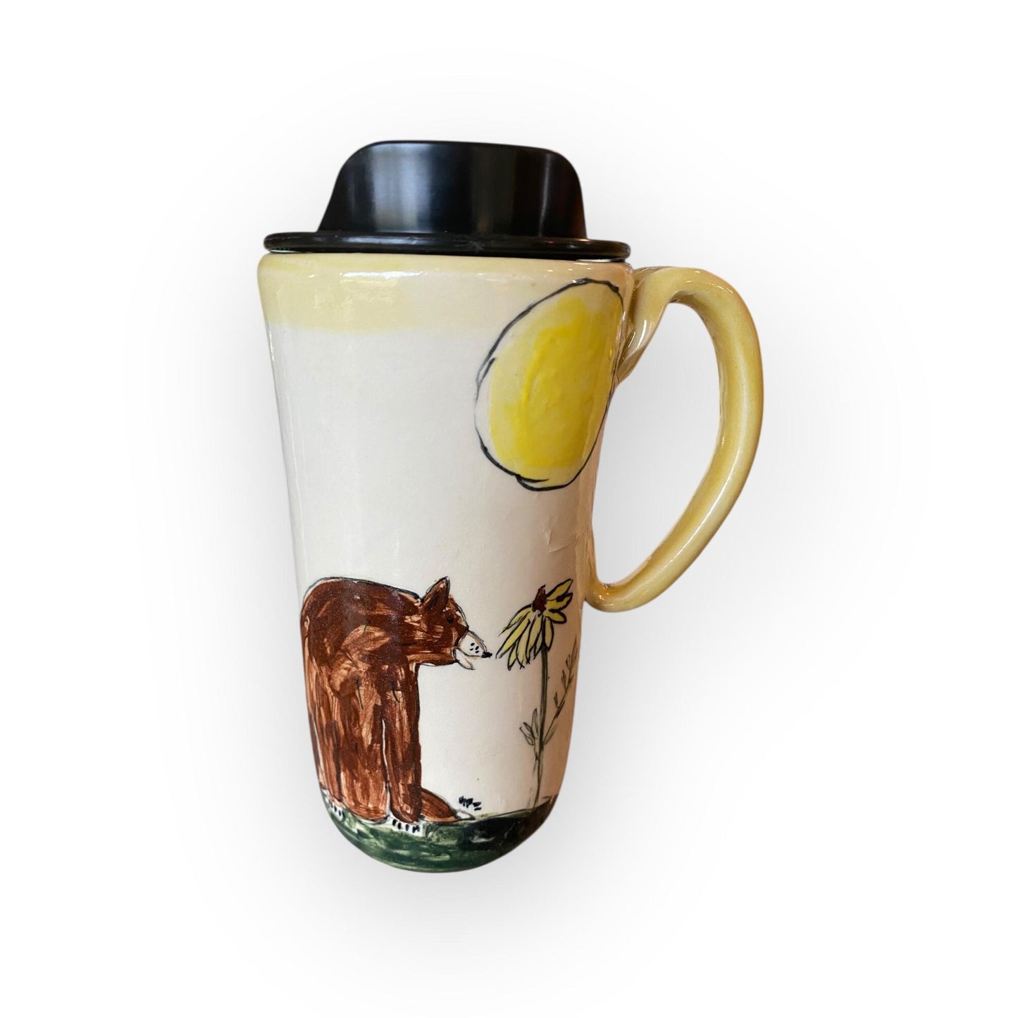 Handmade Bear Coffee Travel Mug - Hand Painted Ceramic Pottery Cup with Lid for Commuters