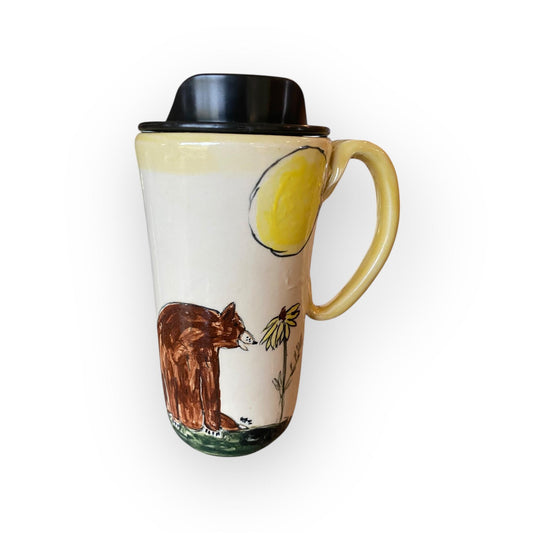 Handmade Bear Coffee Travel Mug - Hand Painted Ceramic Pottery Cup with Lid for Commuters