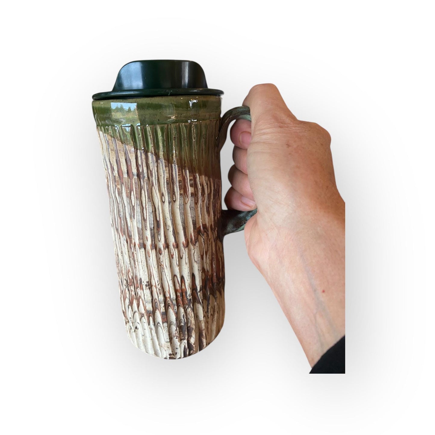 Handcrafted 16oz Agateware Stoneware Travel Mug: Chrome Glaze Pottery for Coffee & Tea Enthusiasts
