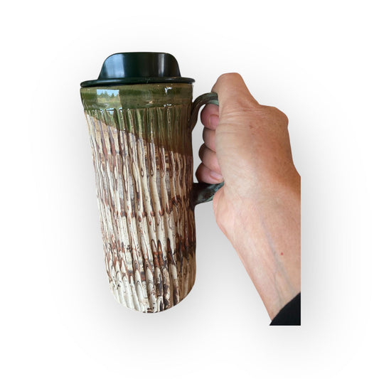Handcrafted 16oz Agateware Stoneware Travel Mug: Chrome Glaze Pottery for Coffee & Tea Enthusiasts