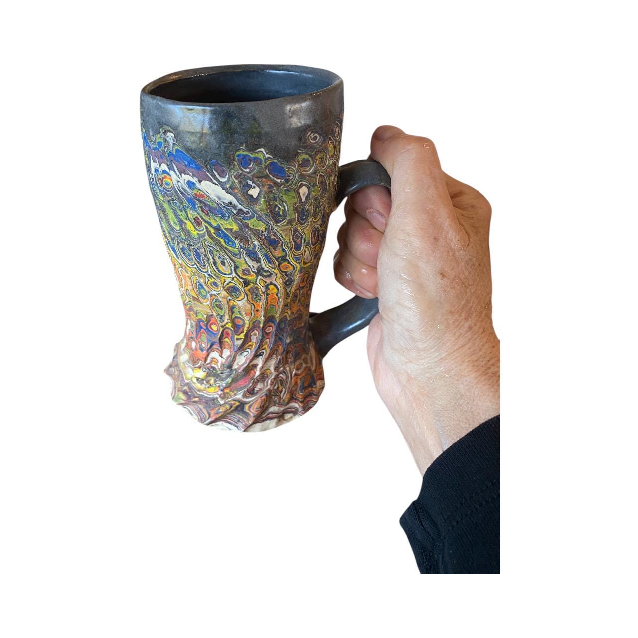 Artisanal Neriage Porcelain Mug: 16 Ounce Hand-Carved Fluted Japanese Swirled Clay (C1)