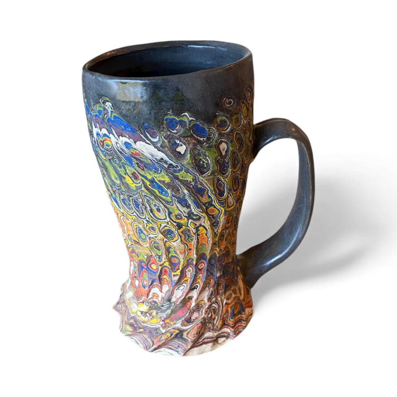 Artisanal Neriage Porcelain Mug: 16 Ounce Hand-Carved Fluted Japanese Swirled Clay (C1)