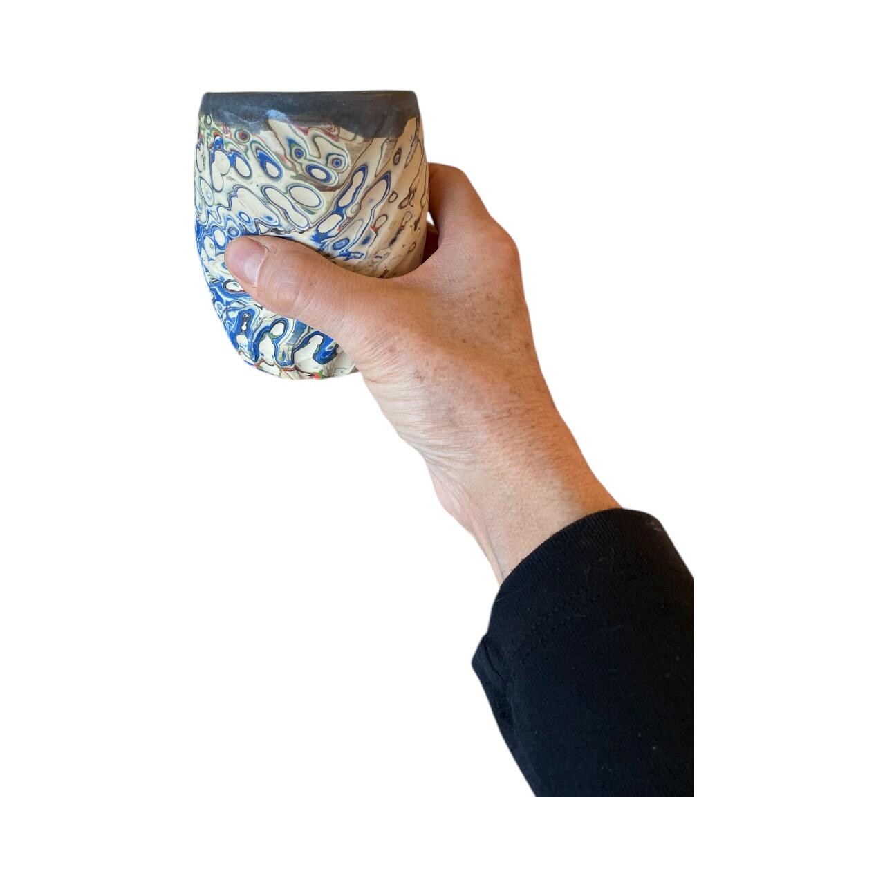 Handcrafted Stemless Agateware Wine Glass - 12oz Carved Ceramic Marbled Nerikomi Pottery Barware - (C2)