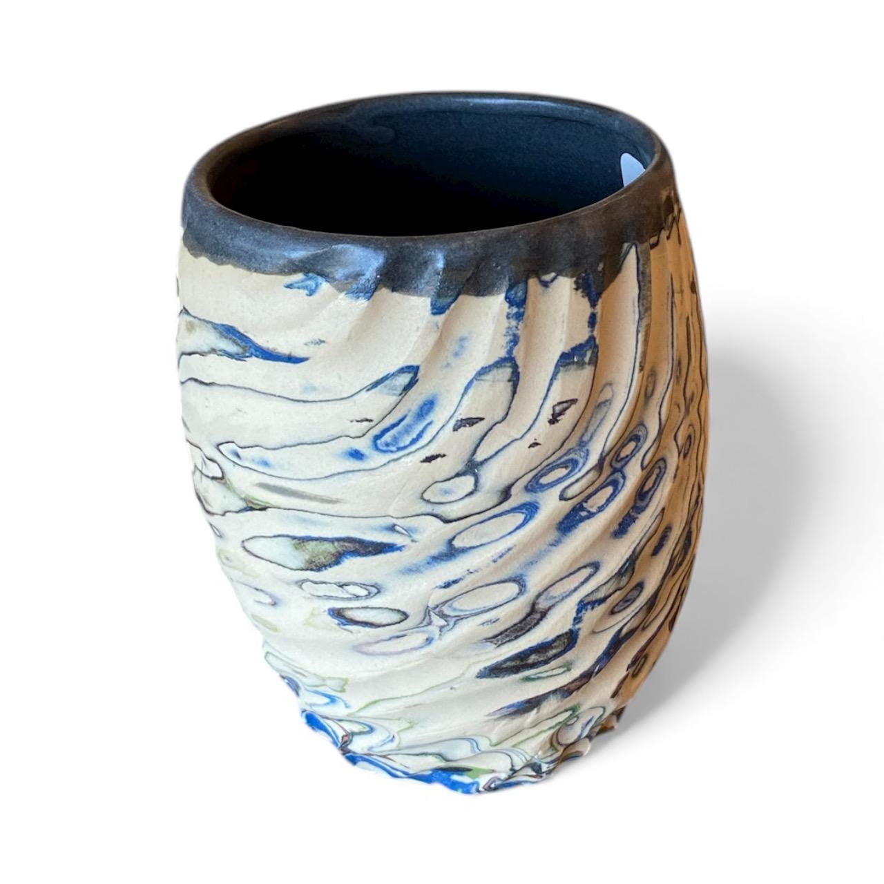 Handcrafted Stemless Agateware Wine Glass - 12oz Carved Ceramic Marbled Nerikomi Pottery Barware - (C2)