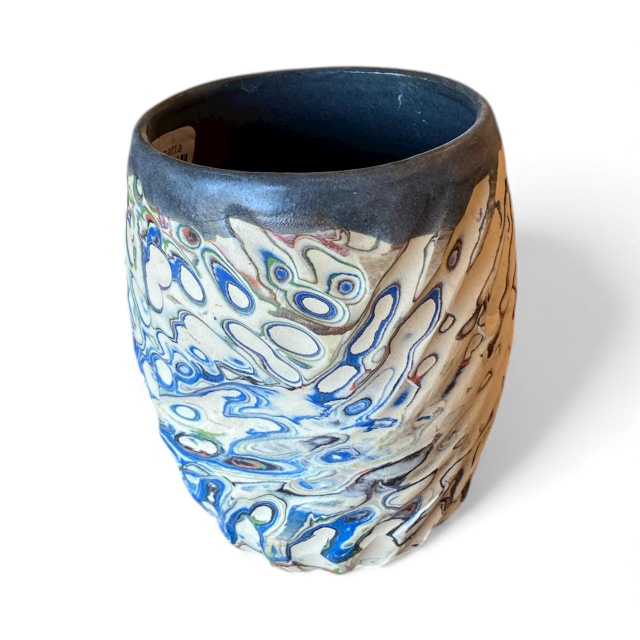 Handcrafted Stemless Agateware Wine Glass - 12oz Carved Ceramic Marbled Nerikomi Pottery Barware - (C2)