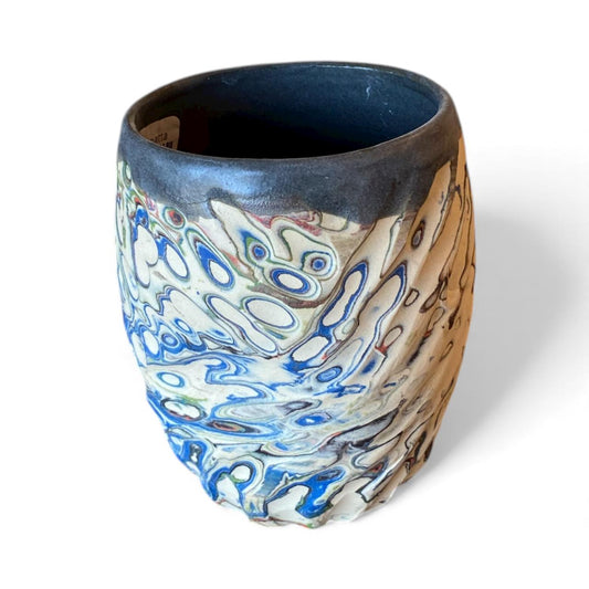 Handcrafted Stemless Agateware Wine Glass - 12oz Carved Ceramic Marbled Nerikomi Pottery Barware - (C2)