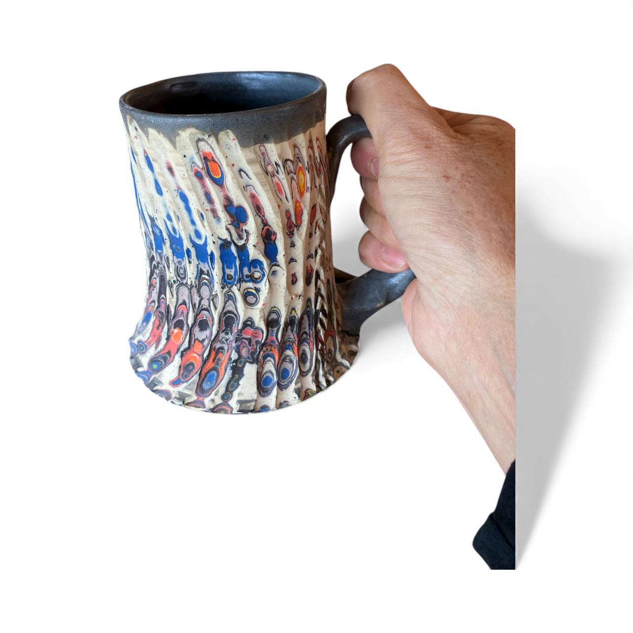 Handcrafted Hand Carved 16 Ounce Porcelain Mug: Fluted Pottery Coffee Cup with Blue Accents (C8)