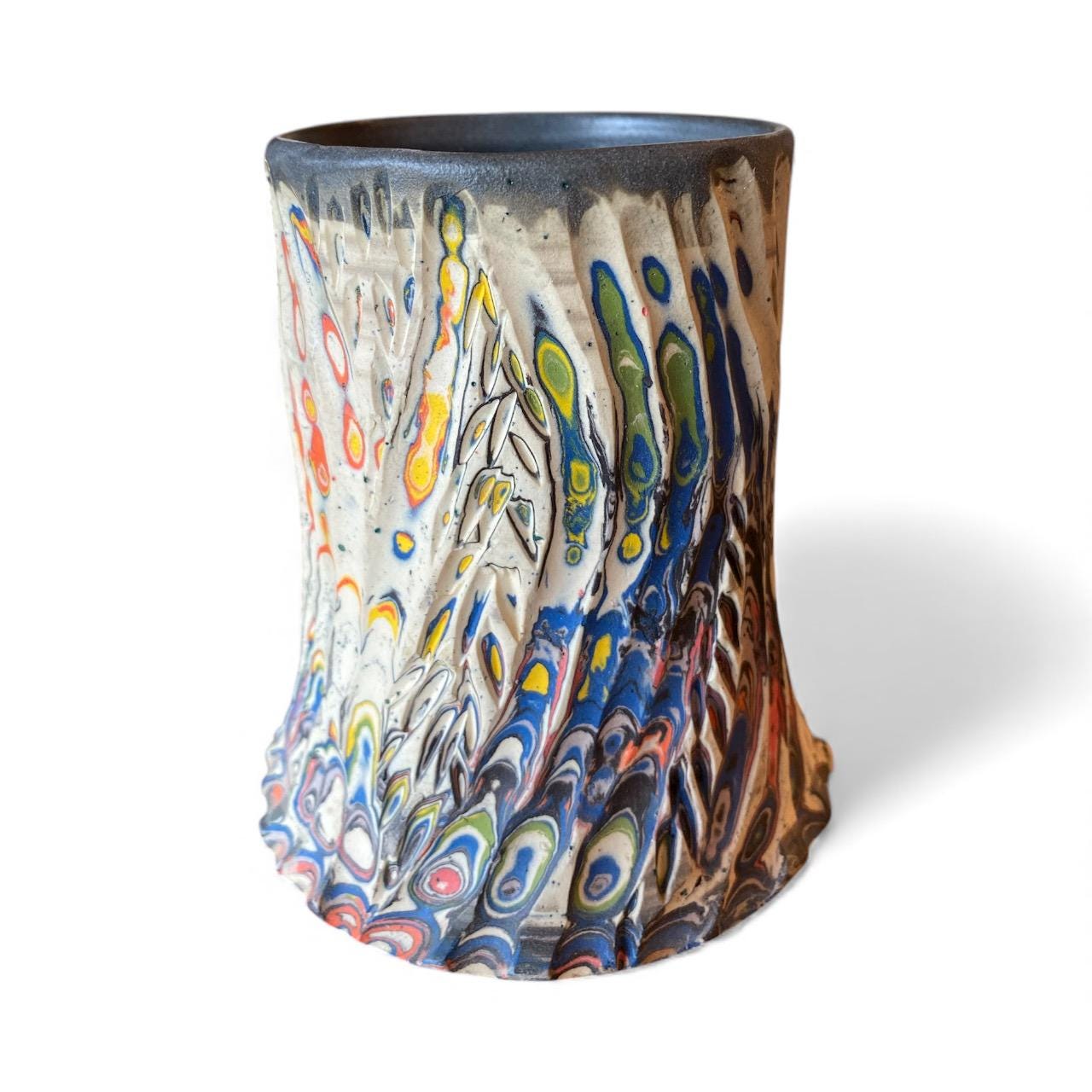 Handcrafted Hand Carved 16 Ounce Porcelain Mug: Fluted Pottery Coffee Cup with Blue Accents (C8)