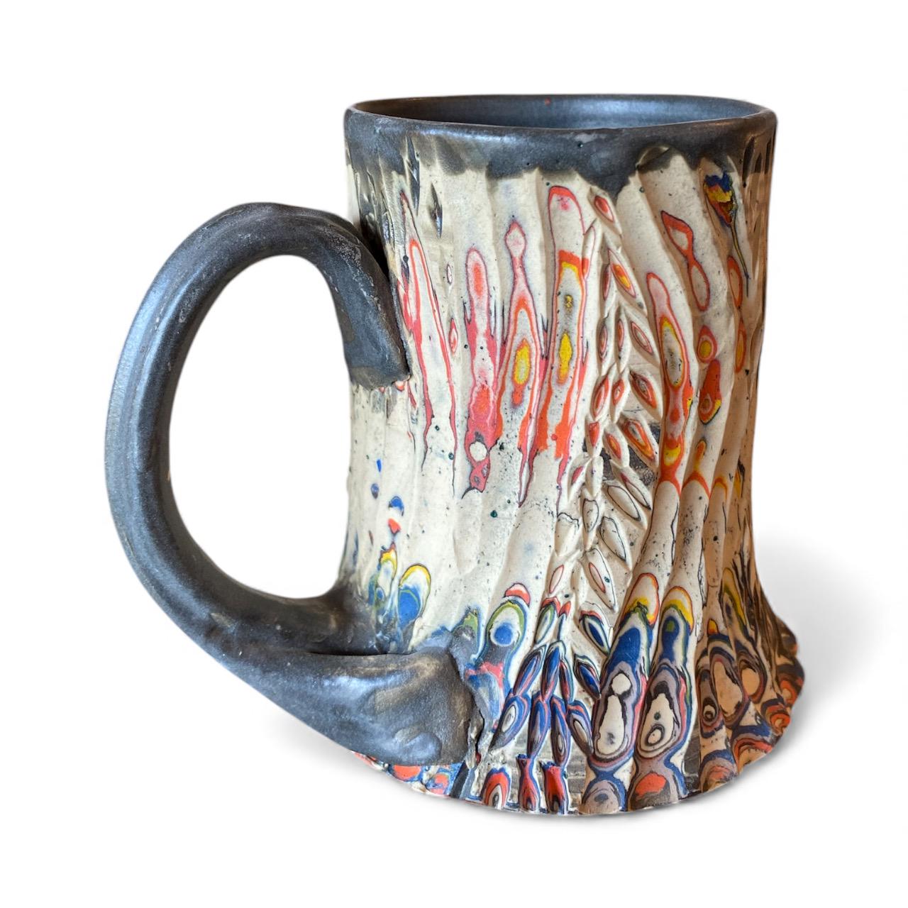 Handcrafted Hand Carved 16 Ounce Porcelain Mug: Fluted Pottery Coffee Cup with Blue Accents (C8)
