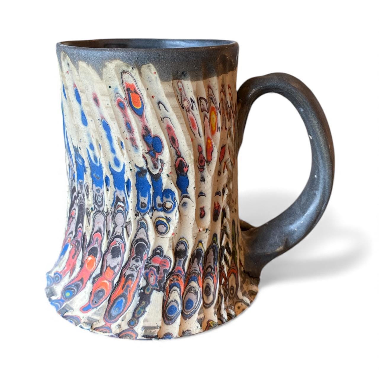 Handcrafted Hand Carved 16 Ounce Porcelain Mug: Fluted Pottery Coffee Cup with Blue Accents (C8)