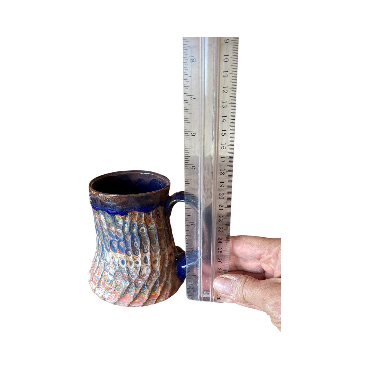 Handcrafted Agateware Stoneware Travel Mug: Fluted Pottery Coffee Cup with Blue Accents (C-9)