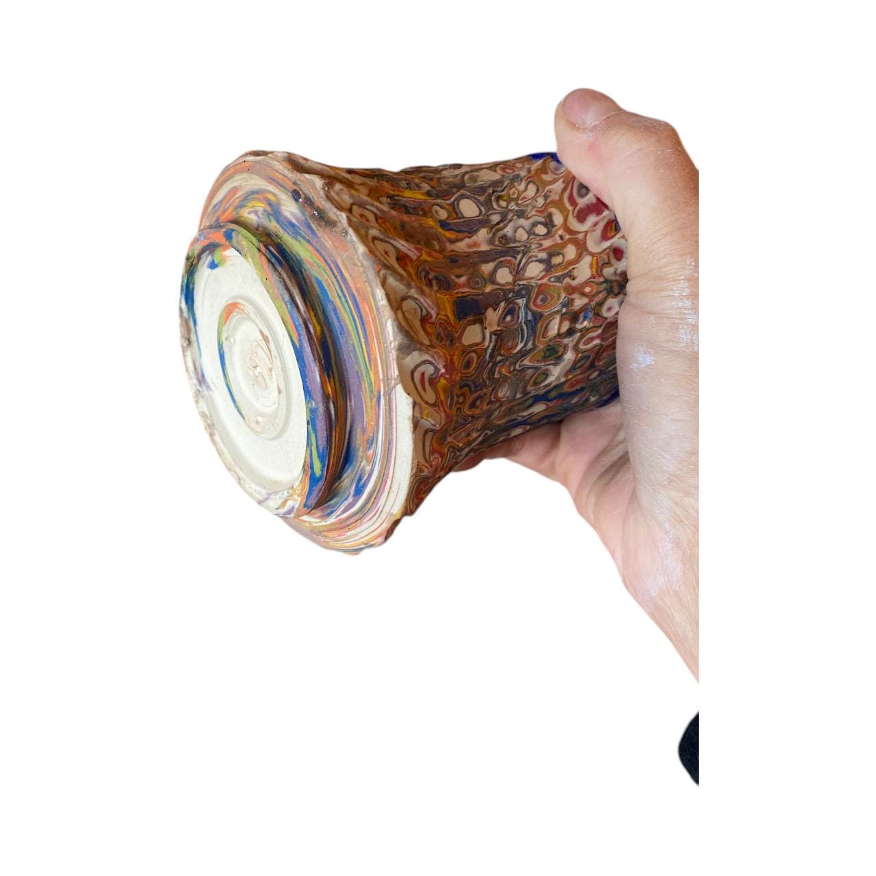 Handcrafted Agateware Stoneware Travel Mug: Fluted Pottery Coffee Cup with Blue Accents (C-9)