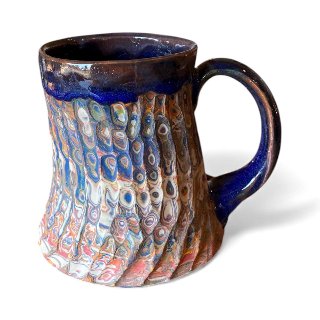 Handcrafted Agateware Stoneware Travel Mug: Fluted Pottery Coffee Cup with Blue Accents (C-9)