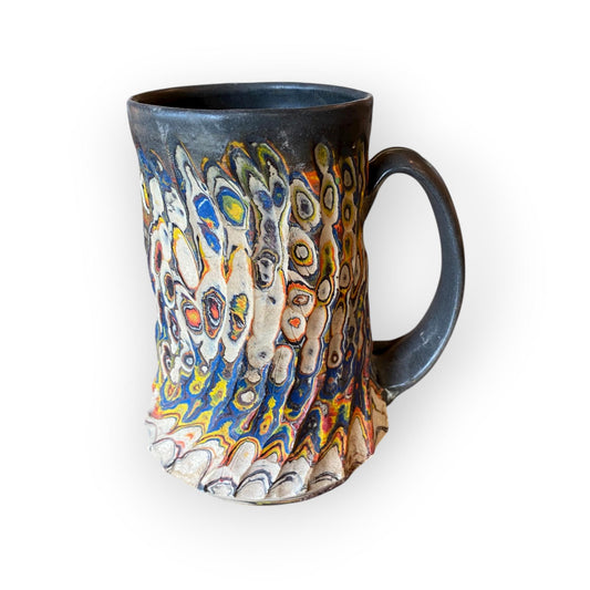 Handcrafted Handcarved Porcelain Travel Mug: Fluted Pottery Coffee Cup with Gray Accents (C11)