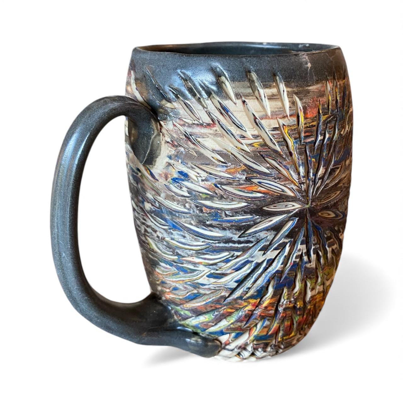Handcrafted 16oz Turquoise Agateware Mug - Unique Carved Pottery for Coffee & Tea Lovers (C-12)
