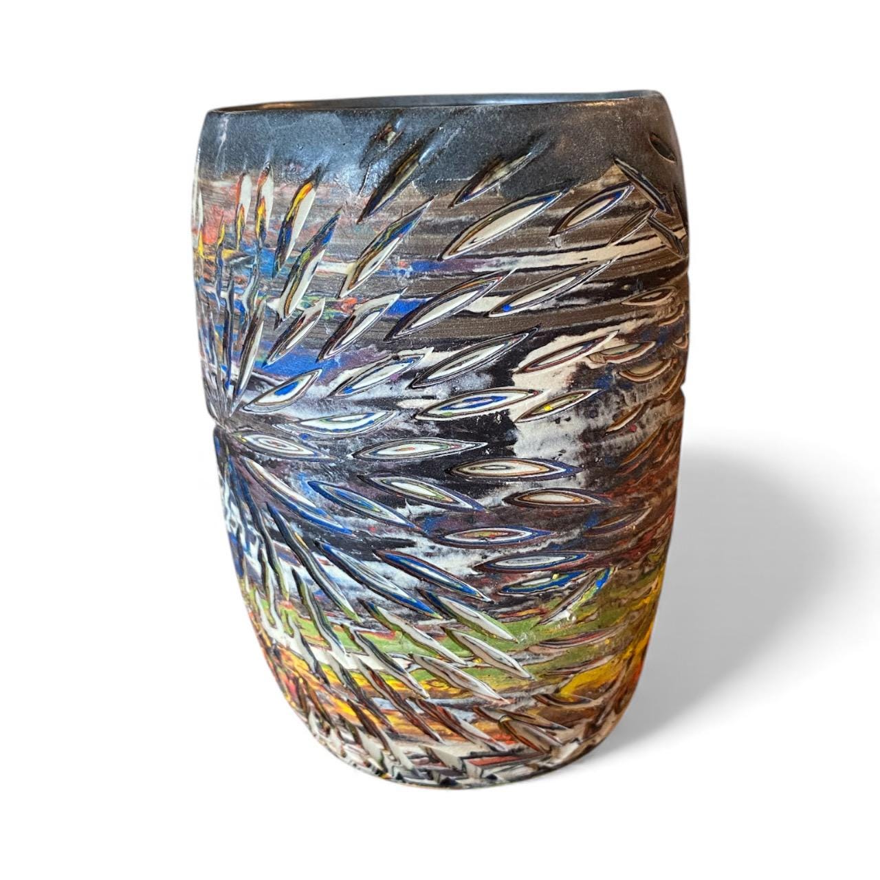 Handcrafted 16oz Turquoise Agateware Mug - Unique Carved Pottery for Coffee & Tea Lovers (C-12)