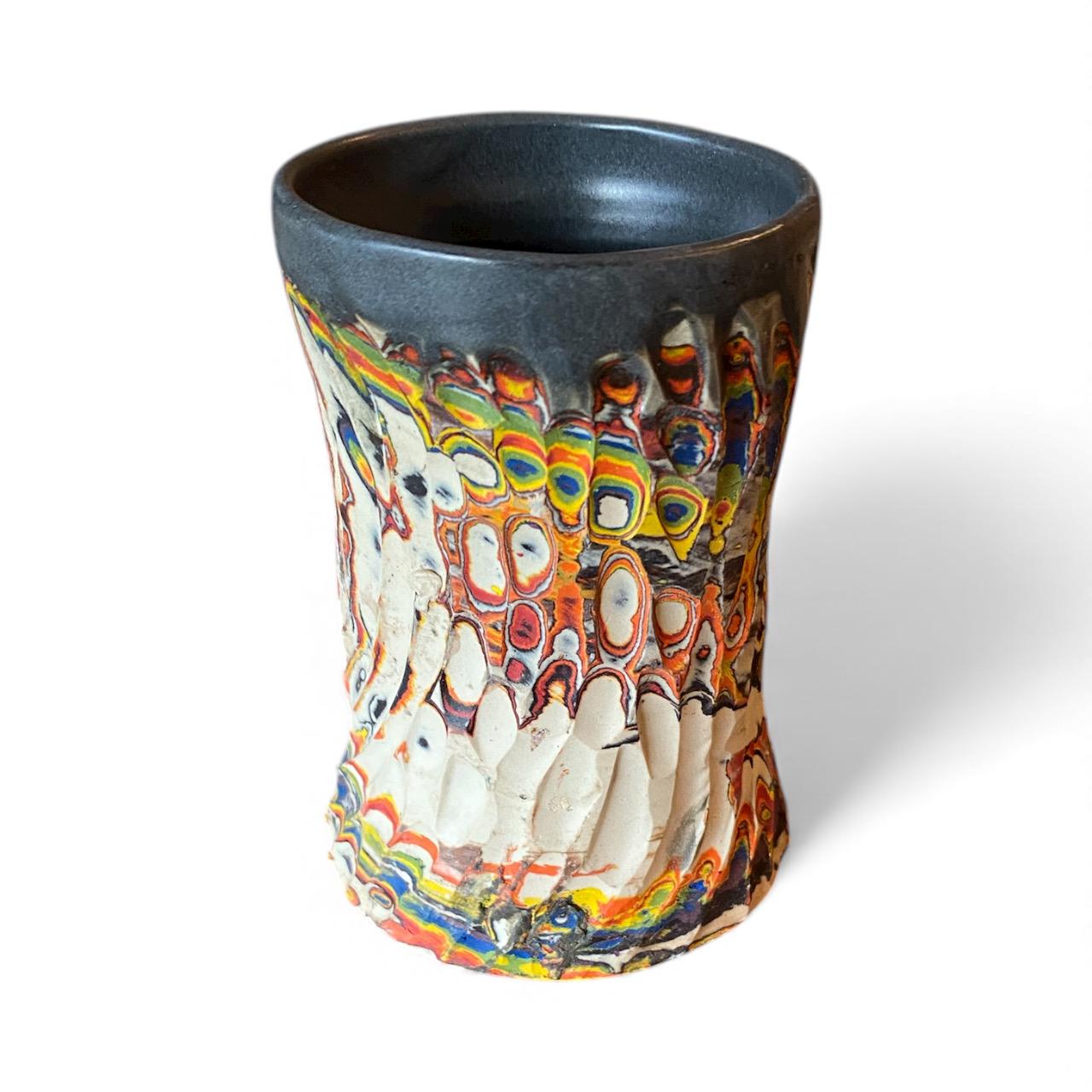 Handcrafted Handcarved Porcelain Travel Mug: Fluted Pottery Coffee Cup with Gray Accents (C13)