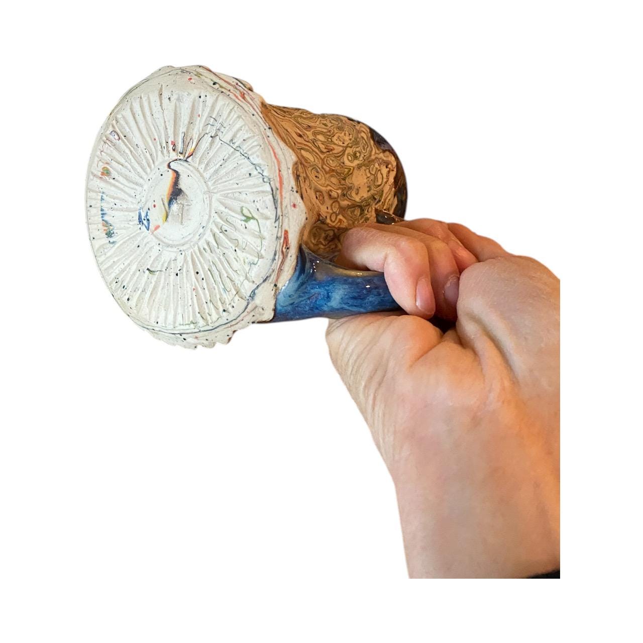 Handcrafted Handcarved Porcelain Travel Mug: Fluted Pottery Coffee Cup with Blue Accents (C14)