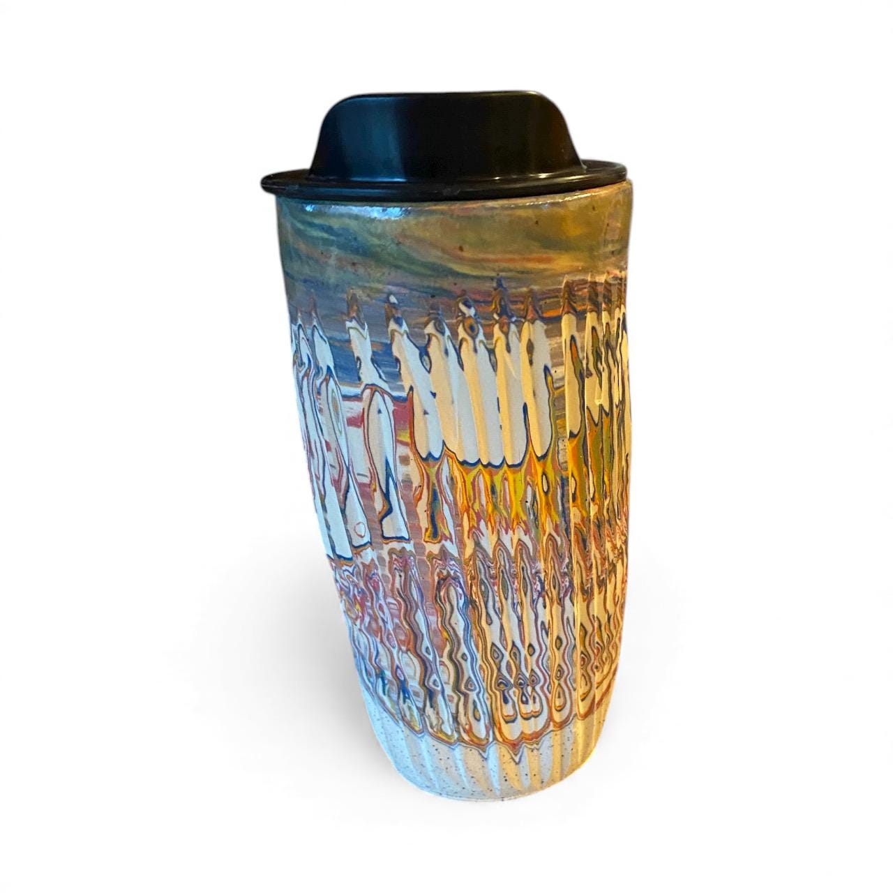 Handmade Agateware Ceramic Travel Mug 16oz Stoneware Locking Lid Coffee Cup Pottery Commuter Drinkware