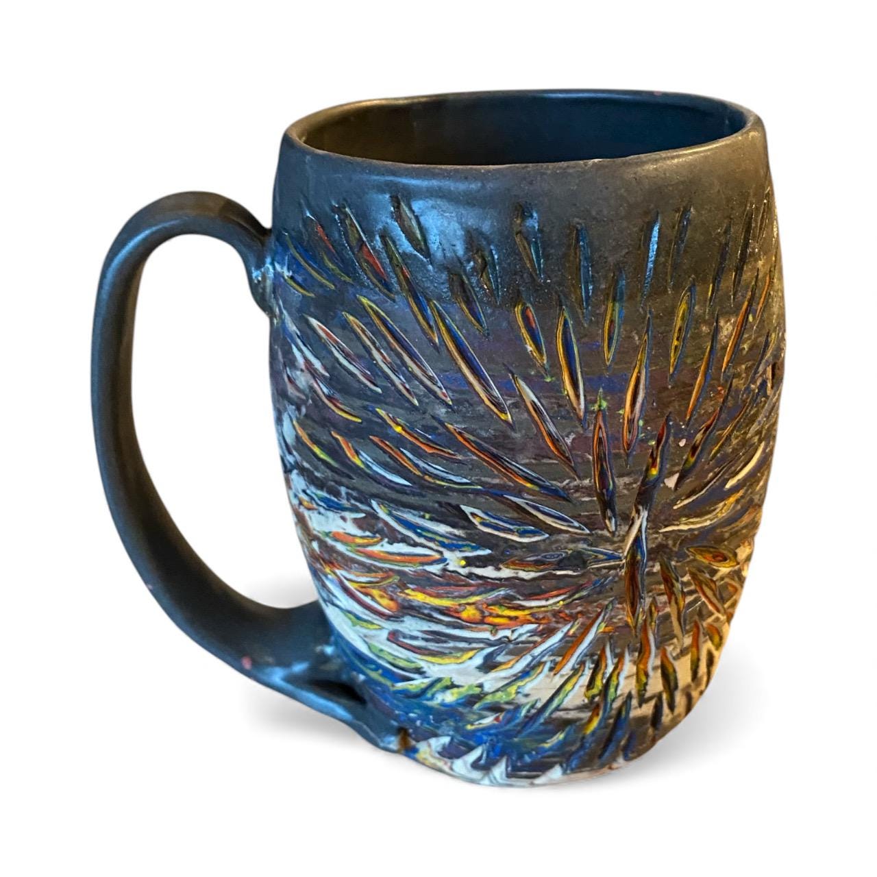 Handcrafted 16oz Turquoise Agateware Mug - Unique Carved Pottery for Coffee & Tea Lovers (C-16)